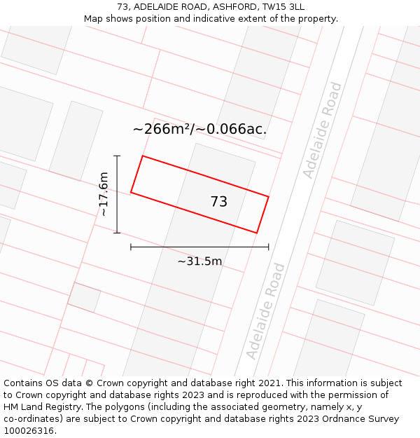 73, ADELAIDE ROAD, ASHFORD, TW15 3LL: Plot and title map