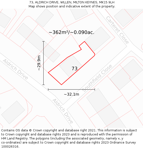 73, ALDRICH DRIVE, WILLEN, MILTON KEYNES, MK15 9LH: Plot and title map