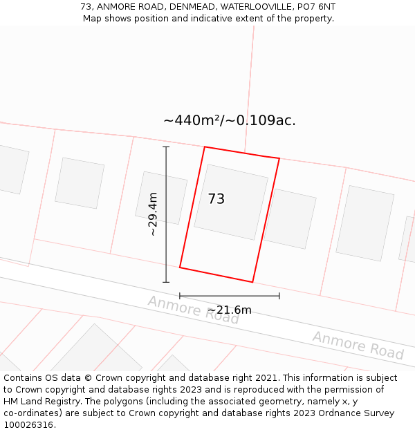 73, ANMORE ROAD, DENMEAD, WATERLOOVILLE, PO7 6NT: Plot and title map