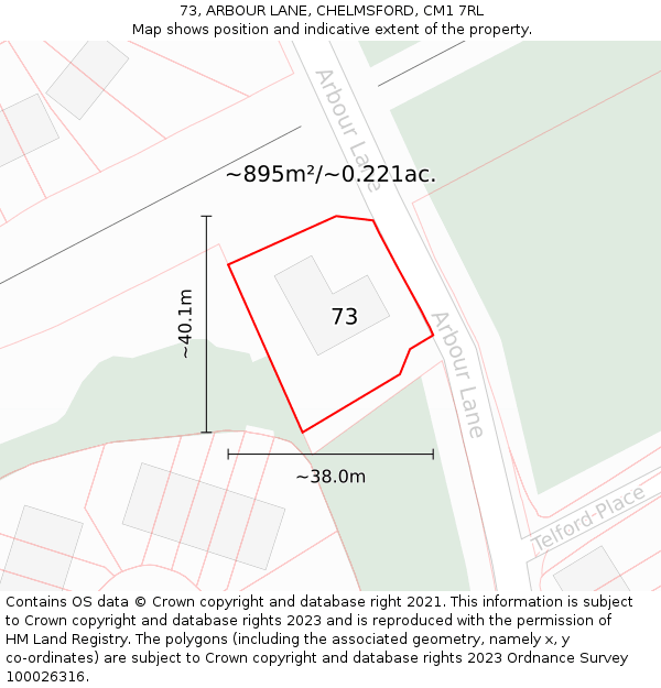 73, ARBOUR LANE, CHELMSFORD, CM1 7RL: Plot and title map