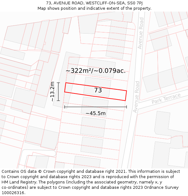 73, AVENUE ROAD, WESTCLIFF-ON-SEA, SS0 7PJ: Plot and title map