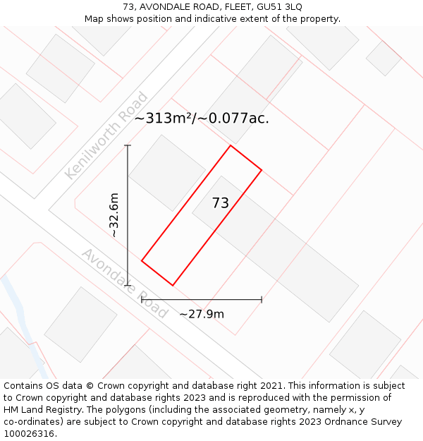 73, AVONDALE ROAD, FLEET, GU51 3LQ: Plot and title map