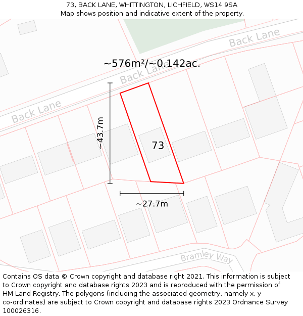 73, BACK LANE, WHITTINGTON, LICHFIELD, WS14 9SA: Plot and title map