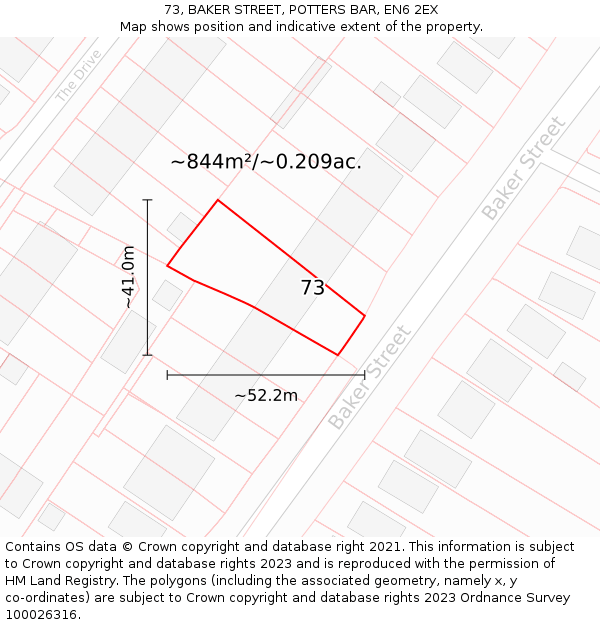 73, BAKER STREET, POTTERS BAR, EN6 2EX: Plot and title map