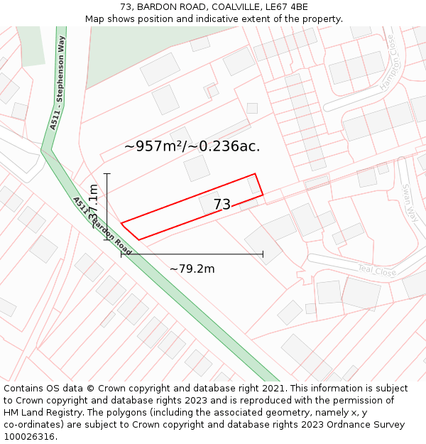 73, BARDON ROAD, COALVILLE, LE67 4BE: Plot and title map