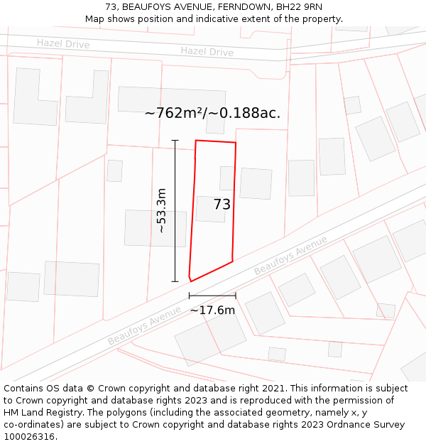 73, BEAUFOYS AVENUE, FERNDOWN, BH22 9RN: Plot and title map