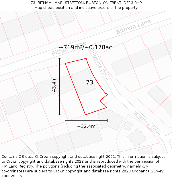 73, BITHAM LANE, STRETTON, BURTON-ON-TRENT, DE13 0HP: Plot and title map