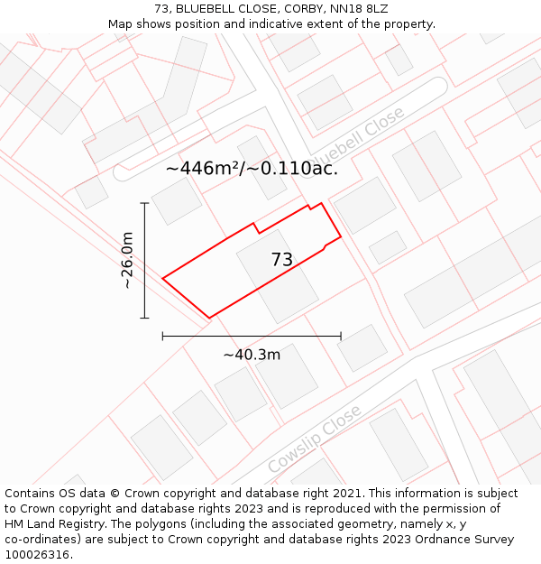 73, BLUEBELL CLOSE, CORBY, NN18 8LZ: Plot and title map