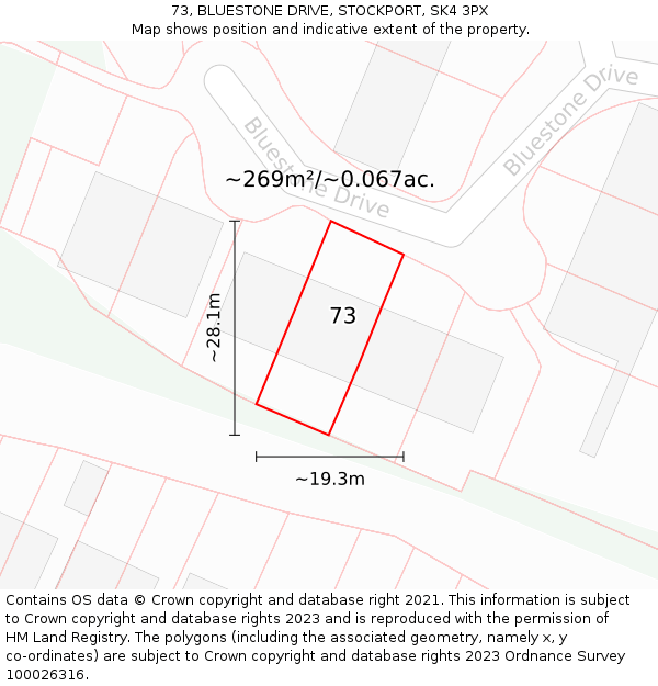 73, BLUESTONE DRIVE, STOCKPORT, SK4 3PX: Plot and title map