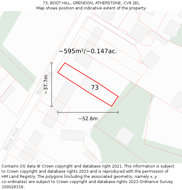 73, BOOT HILL, GRENDON, ATHERSTONE, CV9 2EL: Plot and title map