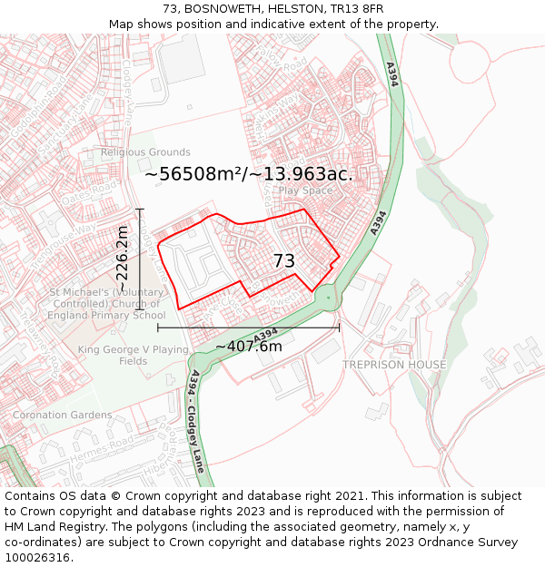 73, BOSNOWETH, HELSTON, TR13 8FR: Plot and title map