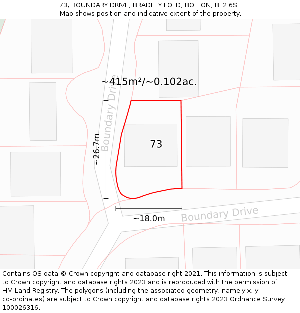 73, BOUNDARY DRIVE, BRADLEY FOLD, BOLTON, BL2 6SE: Plot and title map