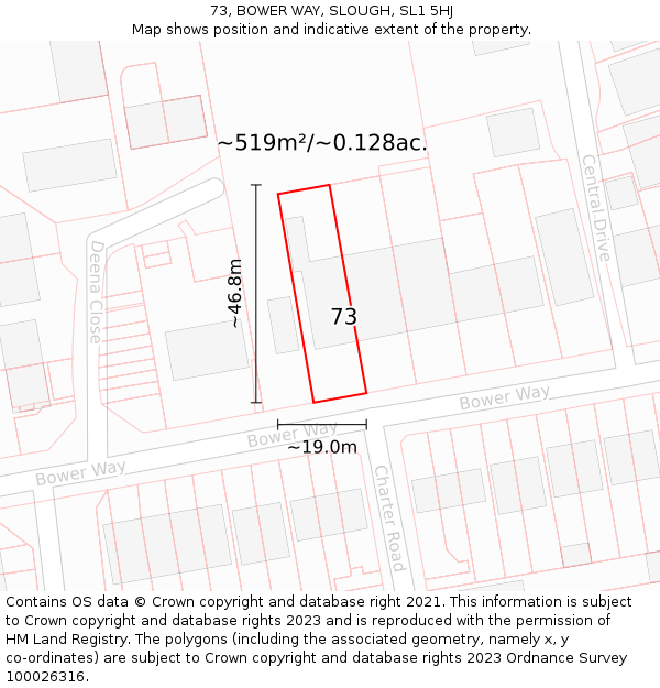 73, BOWER WAY, SLOUGH, SL1 5HJ: Plot and title map