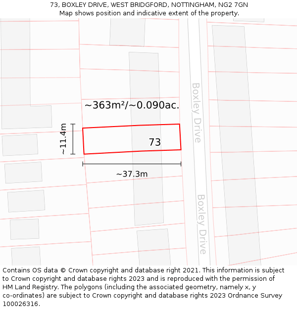 73, BOXLEY DRIVE, WEST BRIDGFORD, NOTTINGHAM, NG2 7GN: Plot and title map