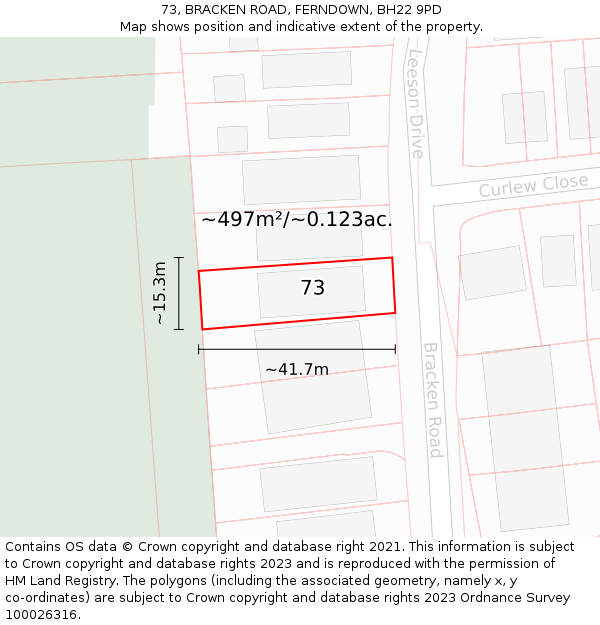 73, BRACKEN ROAD, FERNDOWN, BH22 9PD: Plot and title map