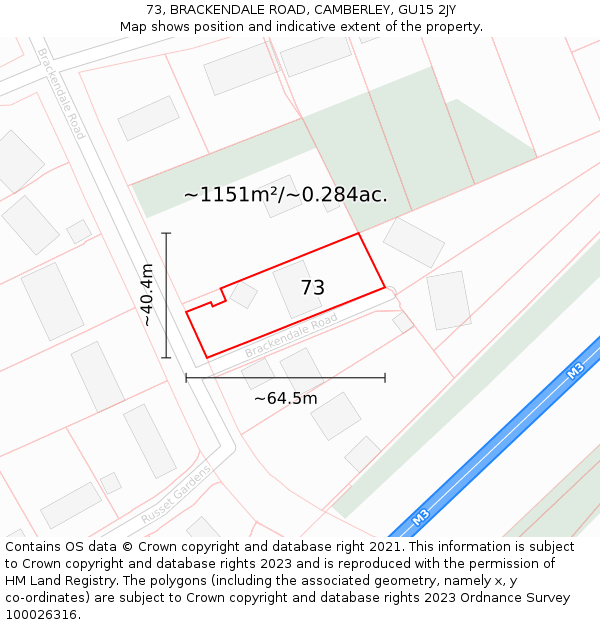 73, BRACKENDALE ROAD, CAMBERLEY, GU15 2JY: Plot and title map