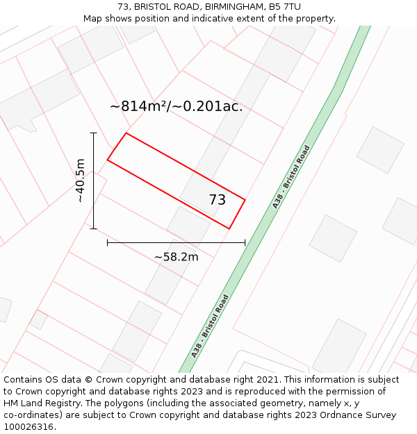 73, BRISTOL ROAD, BIRMINGHAM, B5 7TU: Plot and title map