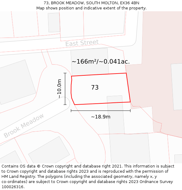 73, BROOK MEADOW, SOUTH MOLTON, EX36 4BN: Plot and title map