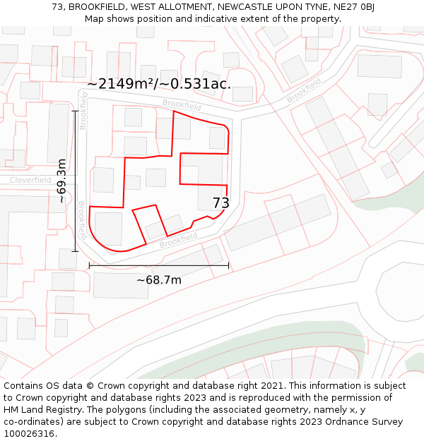 73, BROOKFIELD, WEST ALLOTMENT, NEWCASTLE UPON TYNE, NE27 0BJ: Plot and title map