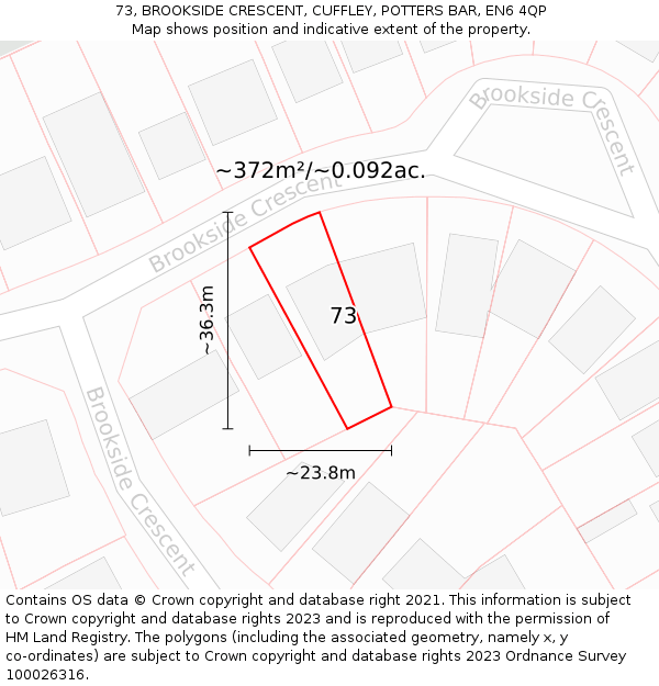 73, BROOKSIDE CRESCENT, CUFFLEY, POTTERS BAR, EN6 4QP: Plot and title map