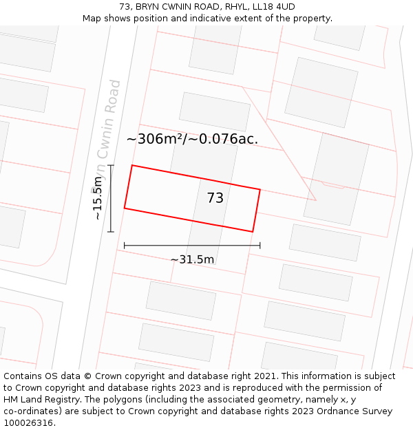 73, BRYN CWNIN ROAD, RHYL, LL18 4UD: Plot and title map