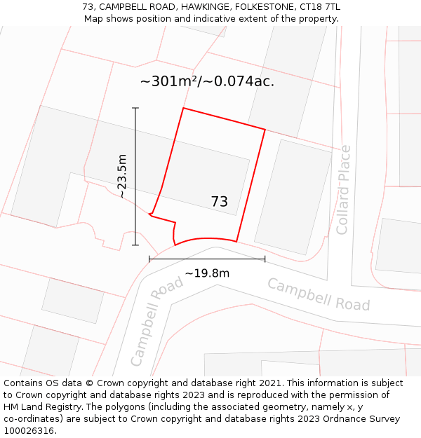 73, CAMPBELL ROAD, HAWKINGE, FOLKESTONE, CT18 7TL: Plot and title map