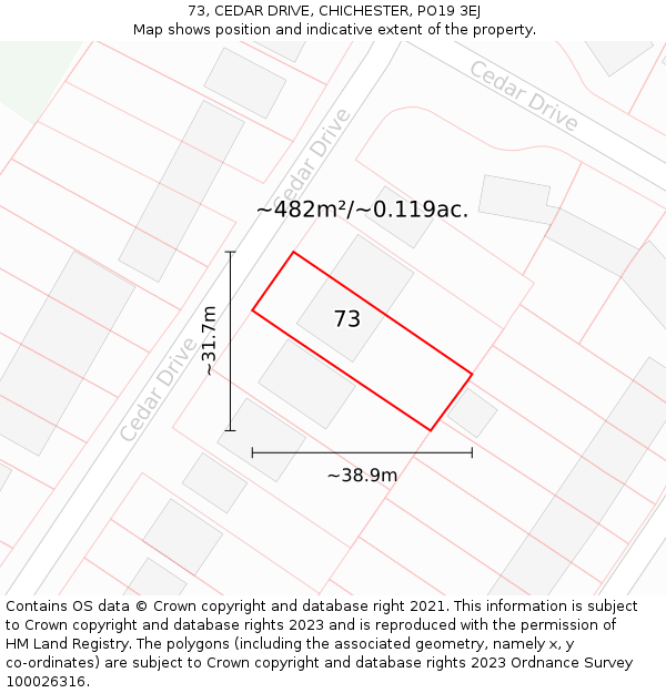 73, CEDAR DRIVE, CHICHESTER, PO19 3EJ: Plot and title map