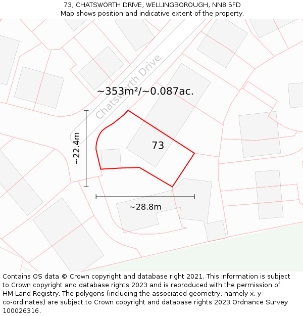 73, CHATSWORTH DRIVE, WELLINGBOROUGH, NN8 5FD: Plot and title map