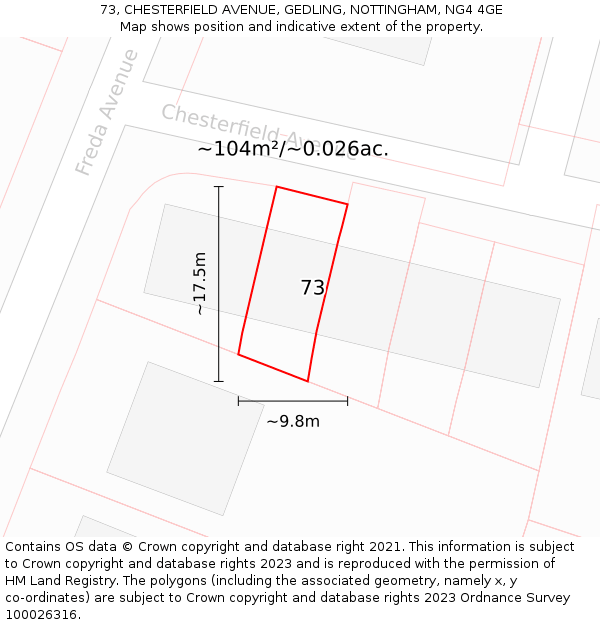 73, CHESTERFIELD AVENUE, GEDLING, NOTTINGHAM, NG4 4GE: Plot and title map