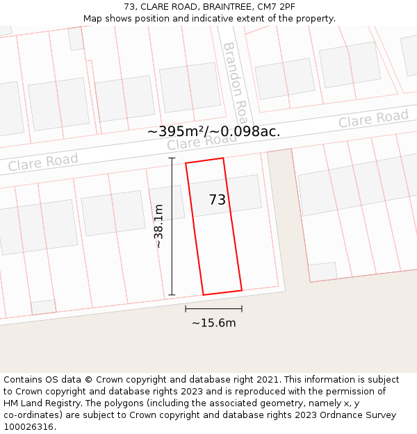 73, CLARE ROAD, BRAINTREE, CM7 2PF: Plot and title map