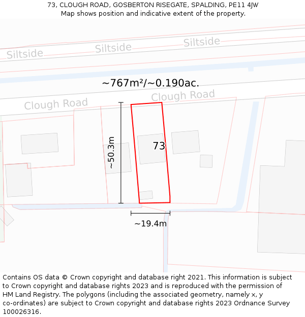 73, CLOUGH ROAD, GOSBERTON RISEGATE, SPALDING, PE11 4JW: Plot and title map