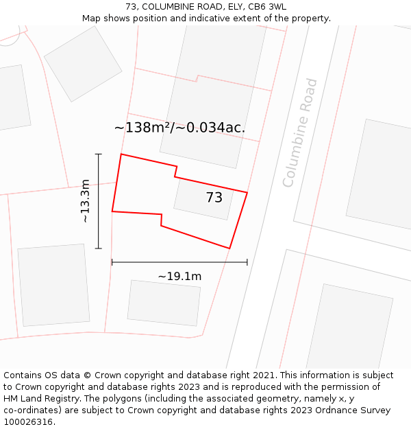 73, COLUMBINE ROAD, ELY, CB6 3WL: Plot and title map