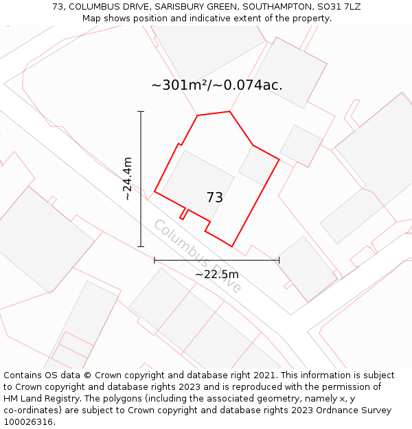 73, COLUMBUS DRIVE, SARISBURY GREEN, SOUTHAMPTON, SO31 7LZ: Plot and title map