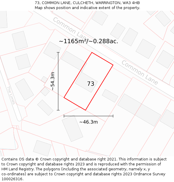 73, COMMON LANE, CULCHETH, WARRINGTON, WA3 4HB: Plot and title map