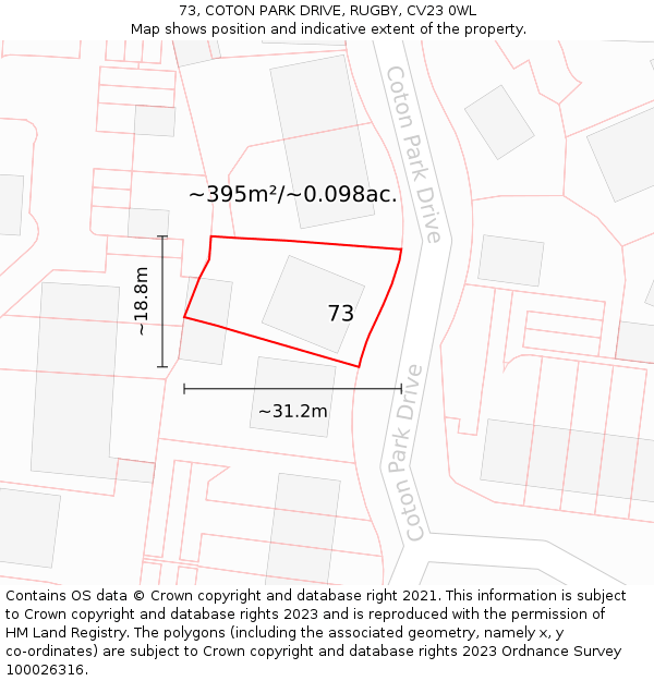 73, COTON PARK DRIVE, RUGBY, CV23 0WL: Plot and title map