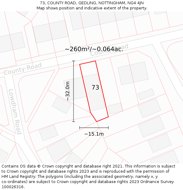 73, COUNTY ROAD, GEDLING, NOTTINGHAM, NG4 4JN: Plot and title map