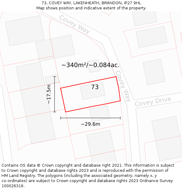 73, COVEY WAY, LAKENHEATH, BRANDON, IP27 9HL: Plot and title map