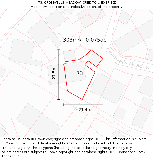 73, CROMWELLS MEADOW, CREDITON, EX17 1JZ: Plot and title map