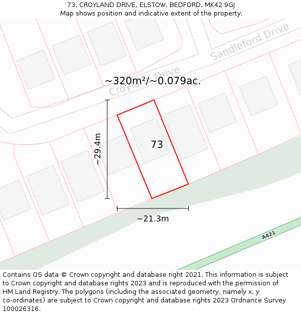 73, CROYLAND DRIVE, ELSTOW, BEDFORD, MK42 9GJ: Plot and title map