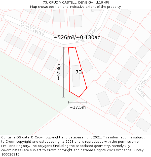 73, CRUD Y CASTELL, DENBIGH, LL16 4PJ: Plot and title map