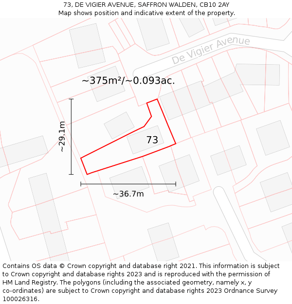 73, DE VIGIER AVENUE, SAFFRON WALDEN, CB10 2AY: Plot and title map