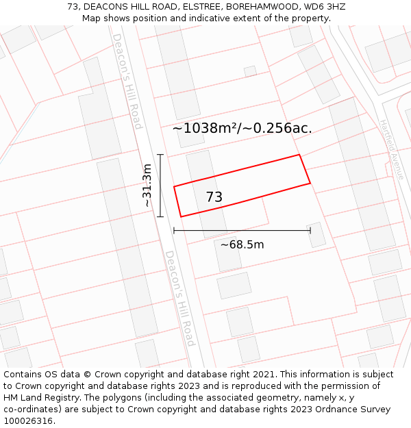 73, DEACONS HILL ROAD, ELSTREE, BOREHAMWOOD, WD6 3HZ: Plot and title map