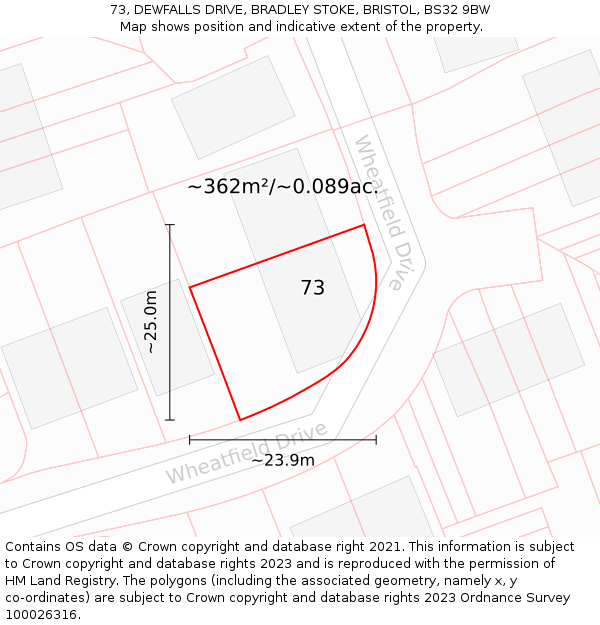 73, DEWFALLS DRIVE, BRADLEY STOKE, BRISTOL, BS32 9BW: Plot and title map