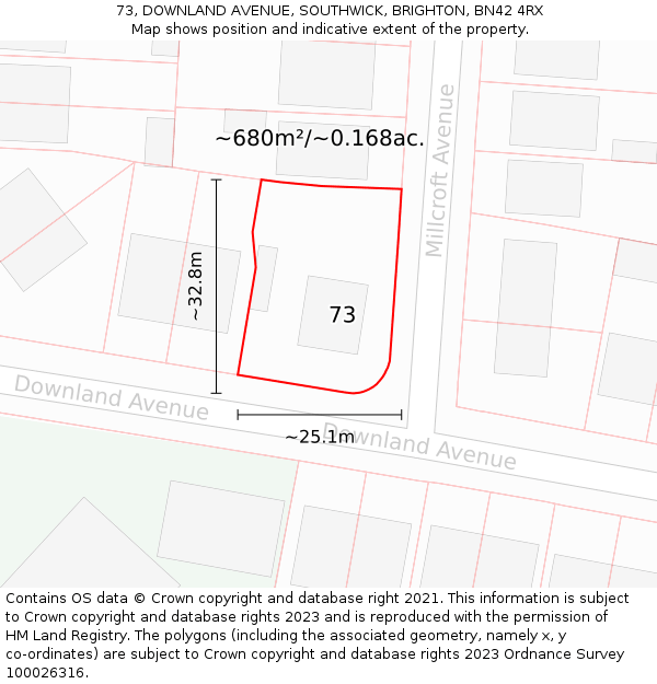 73, DOWNLAND AVENUE, SOUTHWICK, BRIGHTON, BN42 4RX: Plot and title map