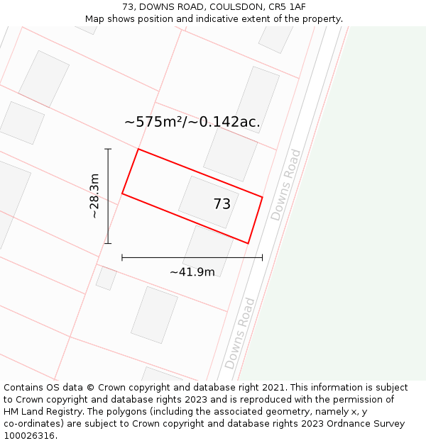 73, DOWNS ROAD, COULSDON, CR5 1AF: Plot and title map