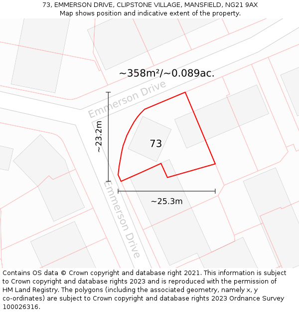 73, EMMERSON DRIVE, CLIPSTONE VILLAGE, MANSFIELD, NG21 9AX: Plot and title map