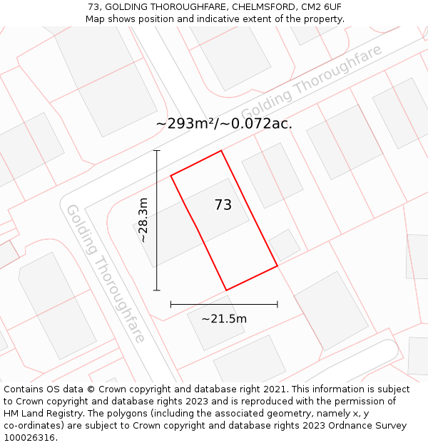 73, GOLDING THOROUGHFARE, CHELMSFORD, CM2 6UF: Plot and title map