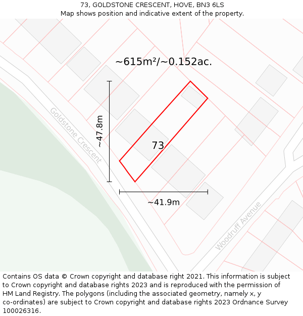 73, GOLDSTONE CRESCENT, HOVE, BN3 6LS: Plot and title map