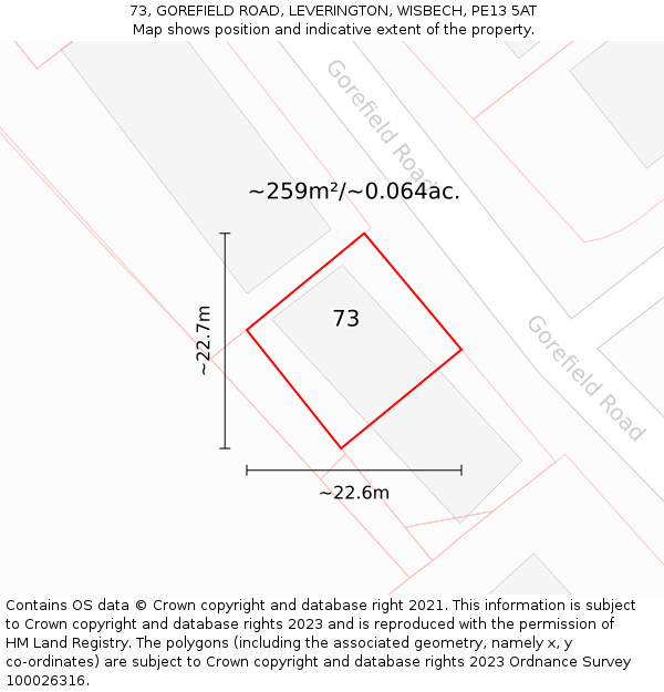 73, GOREFIELD ROAD, LEVERINGTON, WISBECH, PE13 5AT: Plot and title map