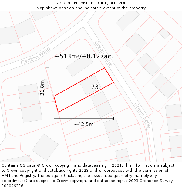 73, GREEN LANE, REDHILL, RH1 2DF: Plot and title map